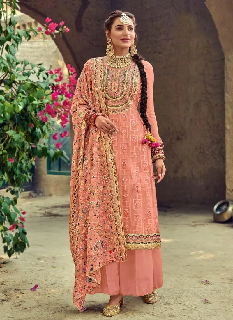 Adorable Peach Color Punjabi Suit With Embroidered Georgette Base