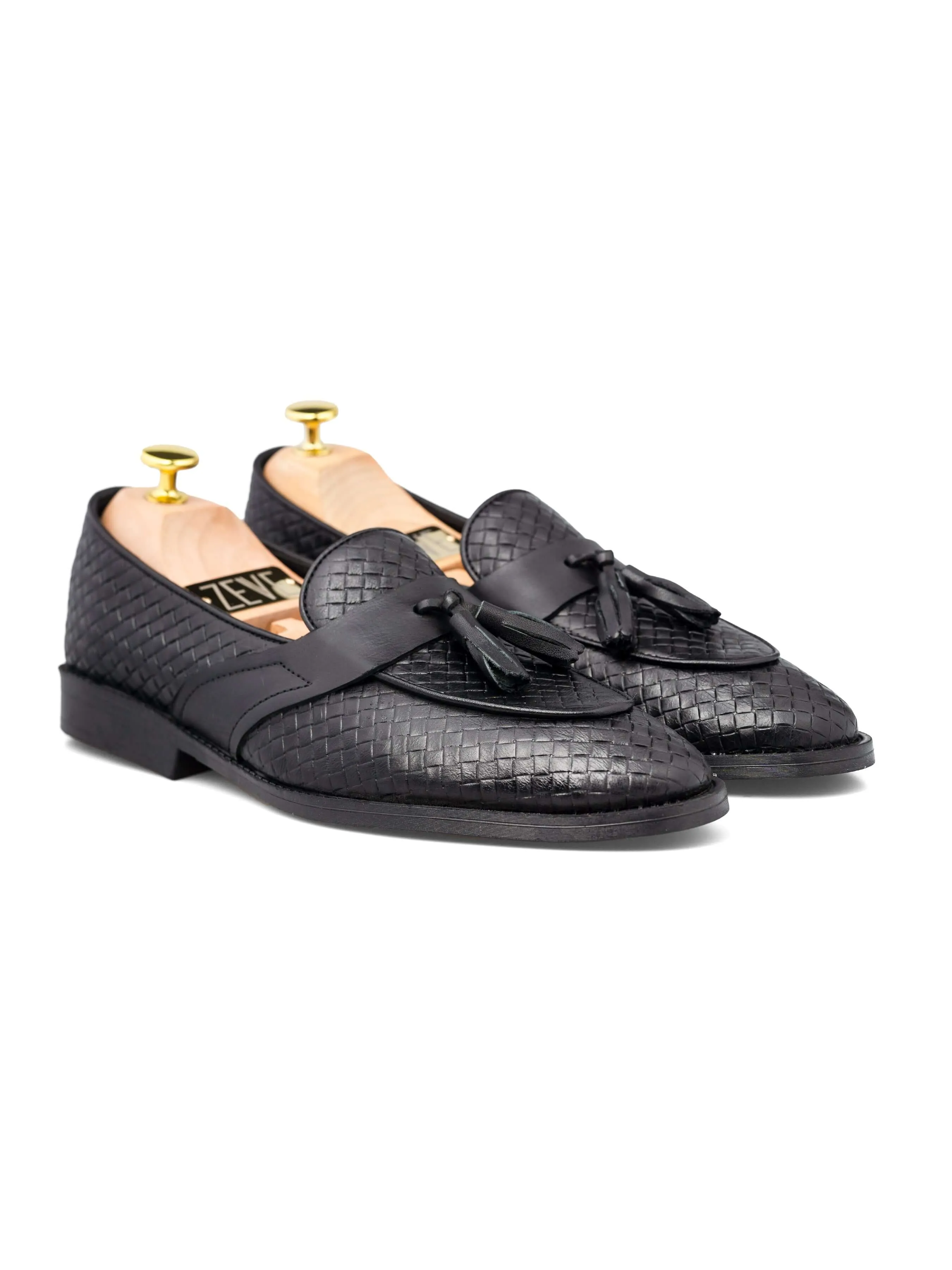 Belgian Loafer Tassel - Black Woven Leather with Solid Strap (Flexi Sole)