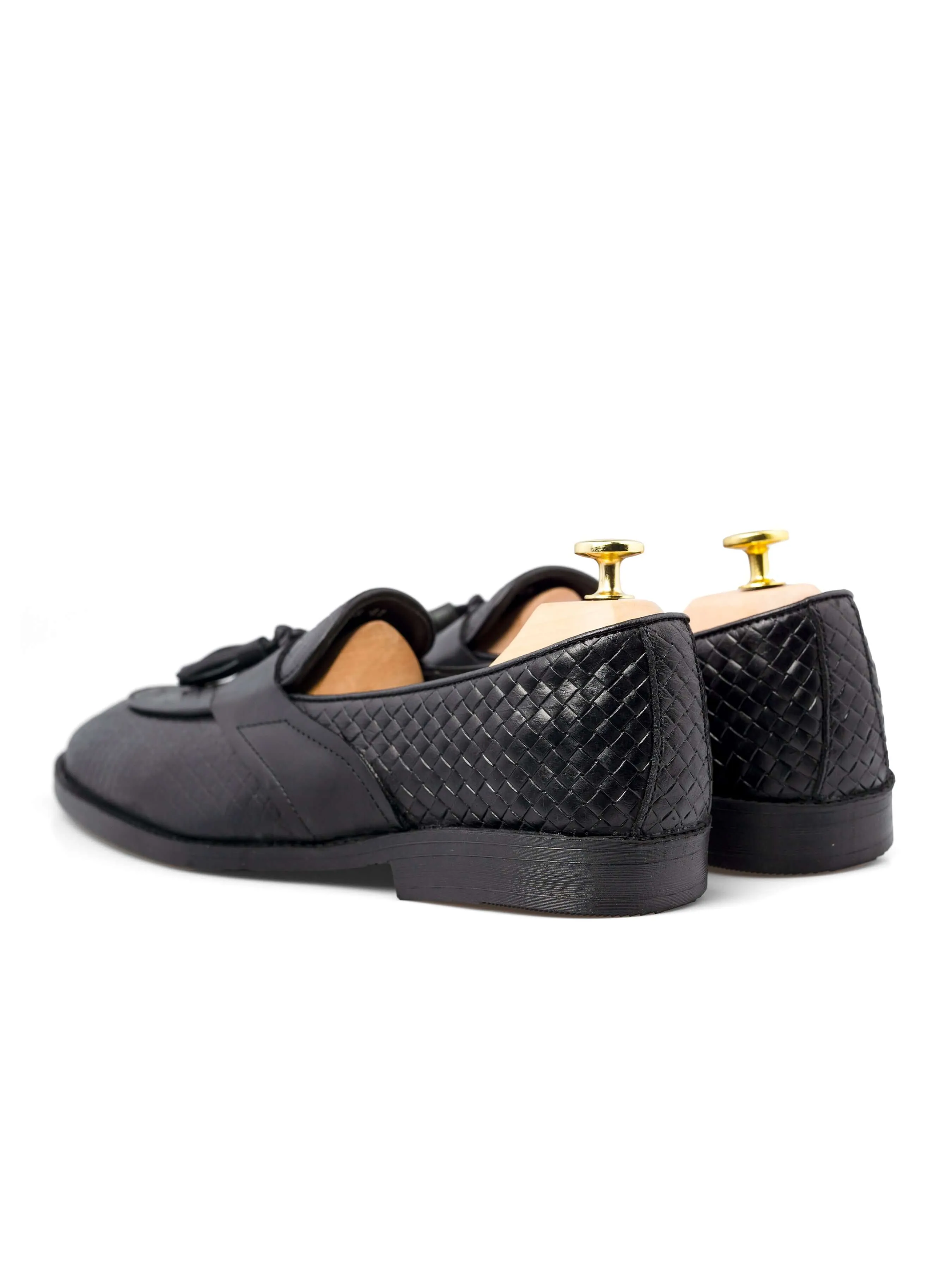 Belgian Loafer Tassel - Black Woven Leather with Solid Strap (Flexi Sole)