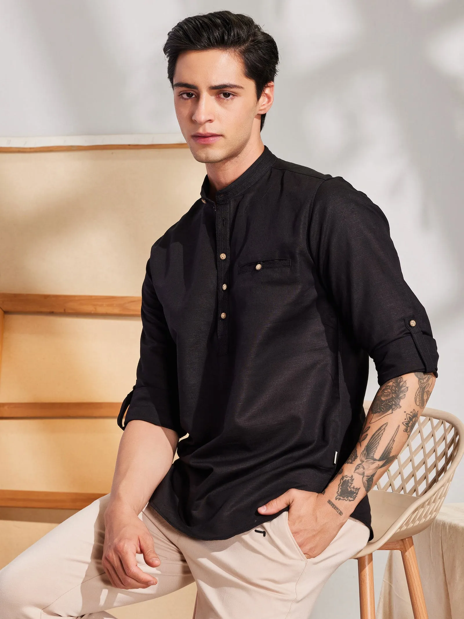 Black Linen Solid Casual Kurta