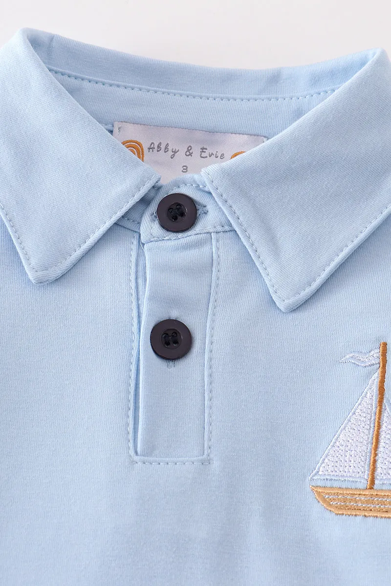 Blue sailboat embroidery boy shirt