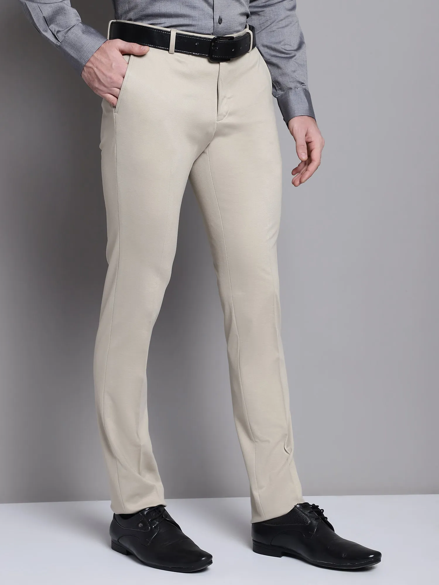 Cantabil Beige Solid Non Pleated Regular Fit Mid Rise Formal Trousers for Men