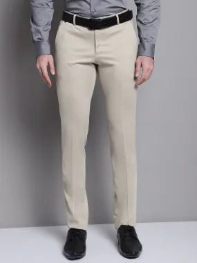 Cantabil Beige Solid Non Pleated Regular Fit Mid Rise Formal Trousers for Men