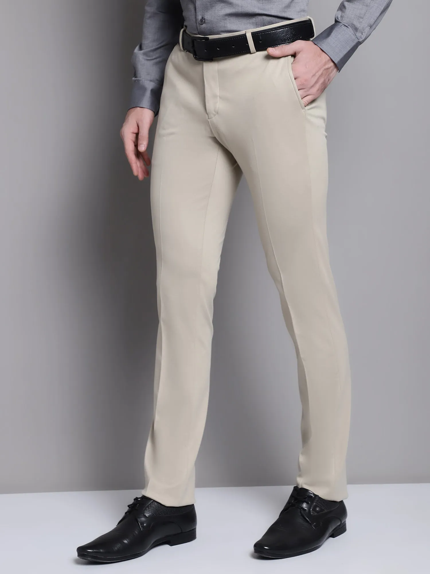 Cantabil Beige Solid Non Pleated Regular Fit Mid Rise Formal Trousers for Men