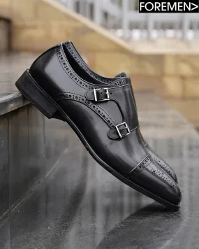 Centra Premium Black Double Monk Strap Shoes for Men - Classic Elegant Footwear