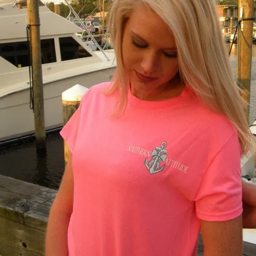 Country Life Outfitters Southern Attitude Anchor Bow Pink Vintage Girlie Bright T Shirt