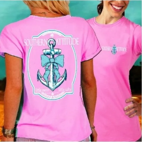 Country Life Outfitters Southern Attitude Anchor Bow Pink Vintage Girlie Bright T Shirt