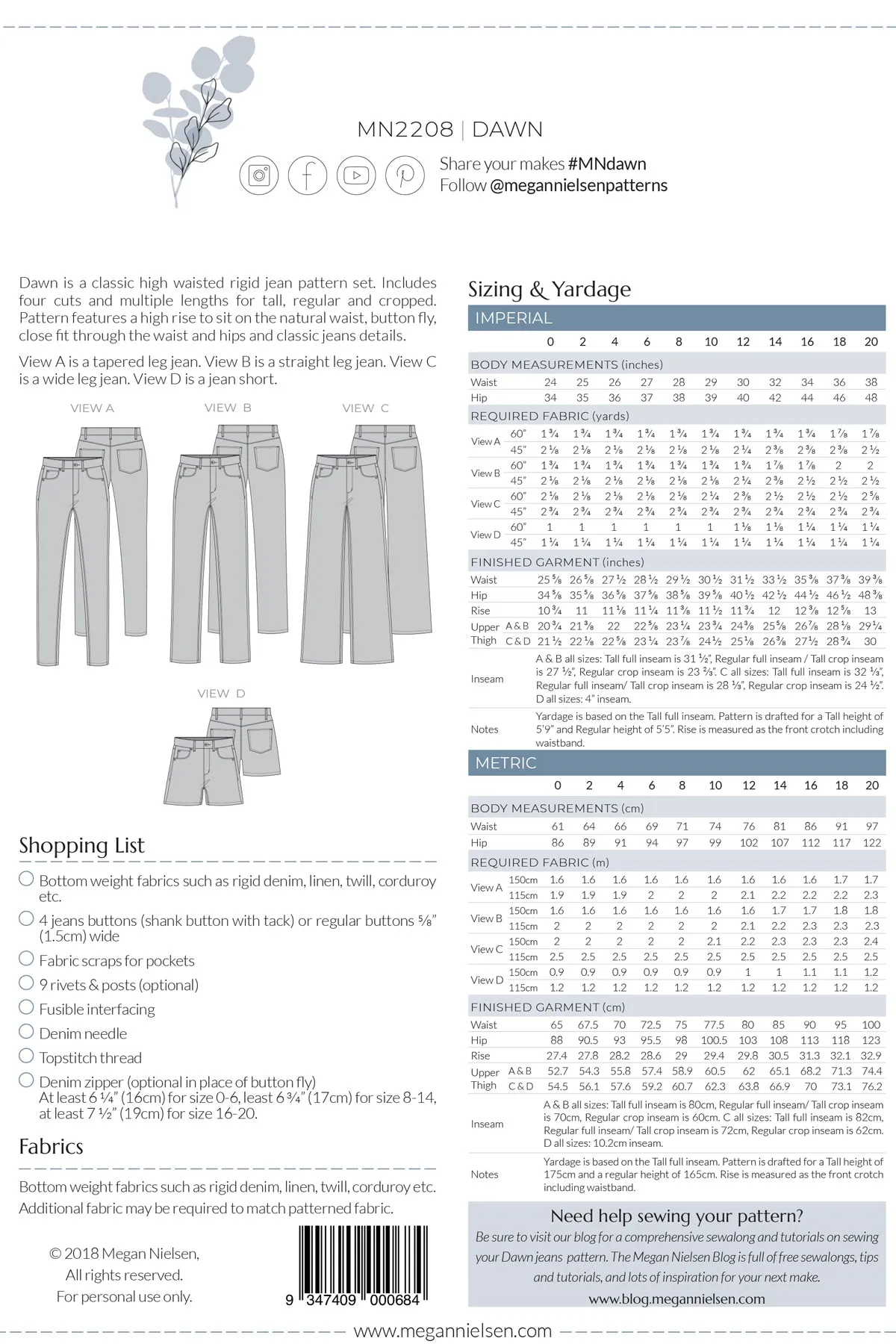 Dawn Jeans Sewing Pattern by Megan Nielsen Patterns, Sizes 0-20