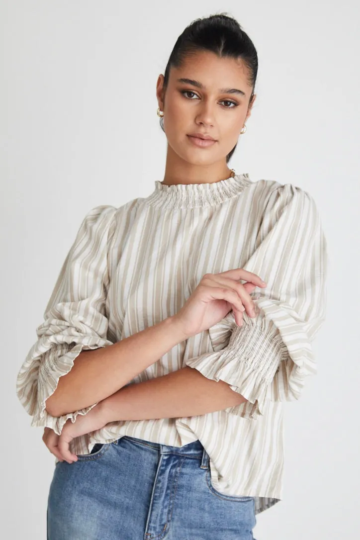 Emphatic Tan Stripe Shirred Neck Ls Top