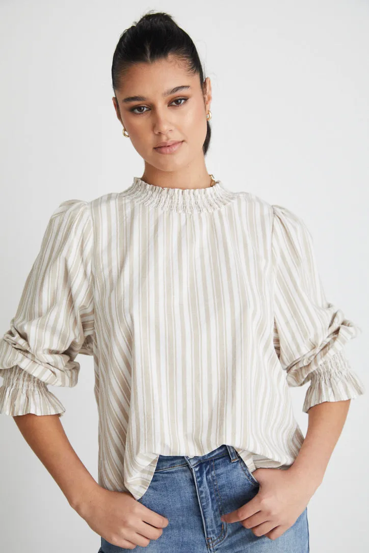 Emphatic Tan Stripe Shirred Neck Ls Top