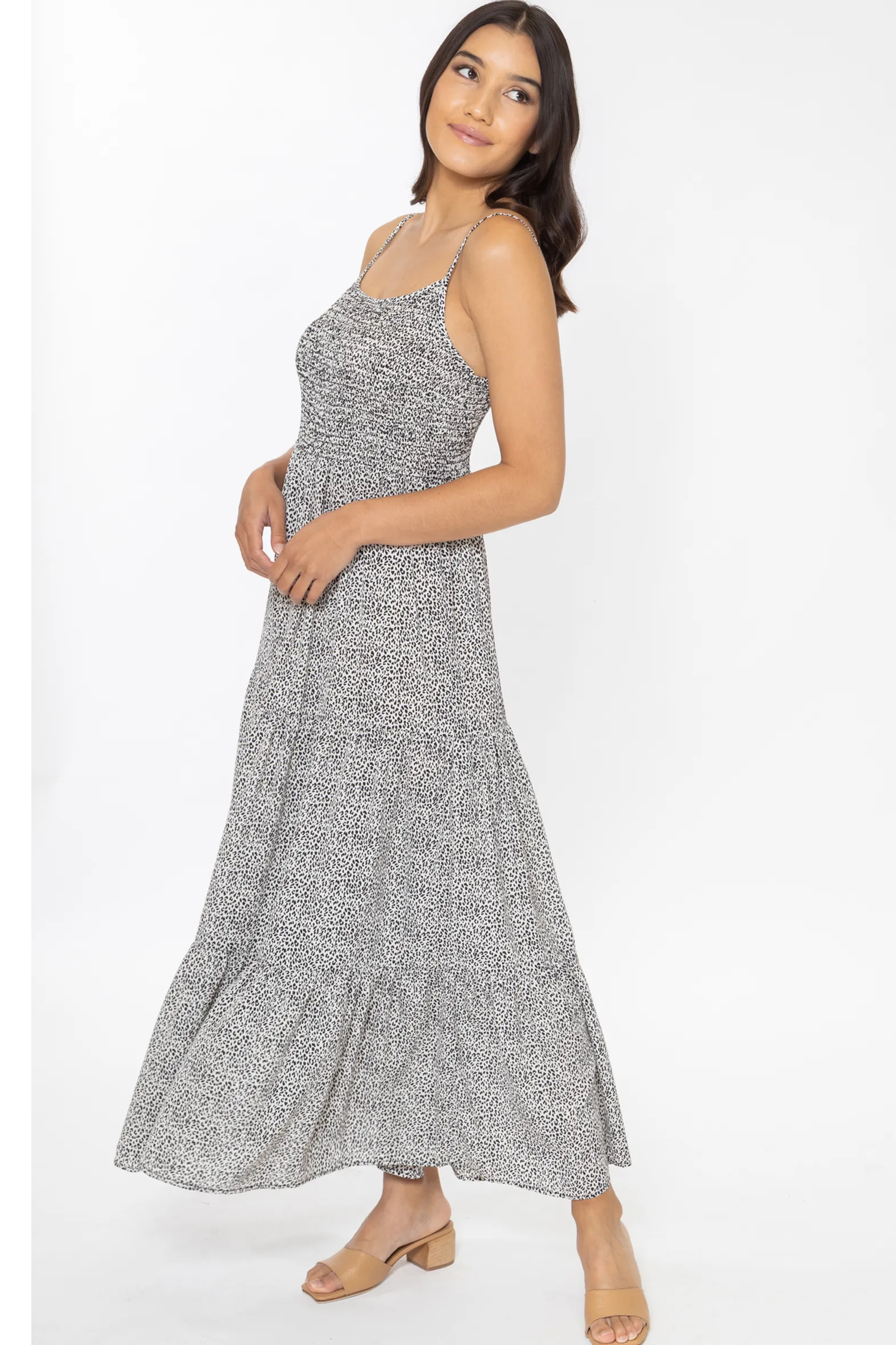 Faith Snow Leopard Tiered Strappy Maxi Dress