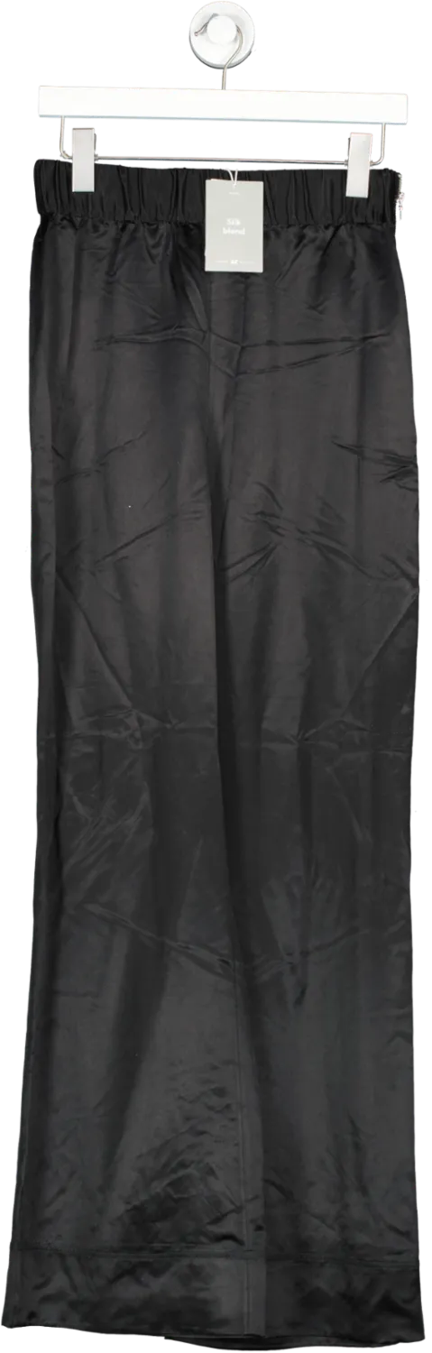 H&M Black Silk Blend Satin Wide Leg Zip Side Trousers UK 8