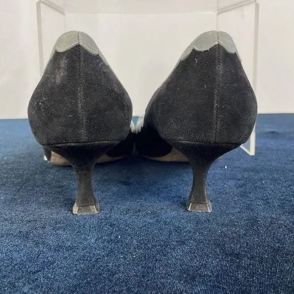 Manolo BlahnikBlack and Grey Suede Kitten Heels