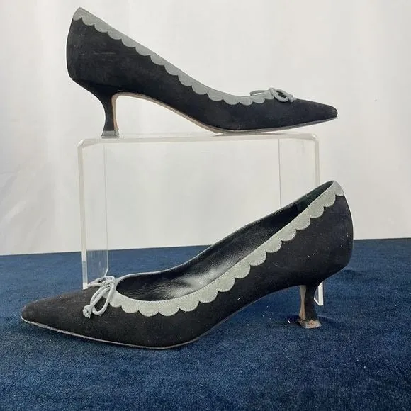 Manolo BlahnikBlack and Grey Suede Kitten Heels