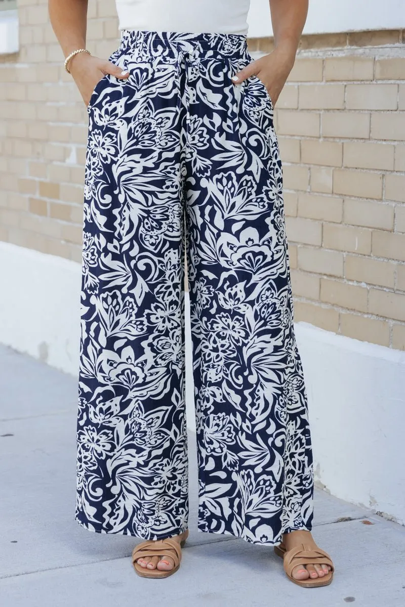 Navy Print Elastic Waist Wide Leg Pants - FINAL SALE