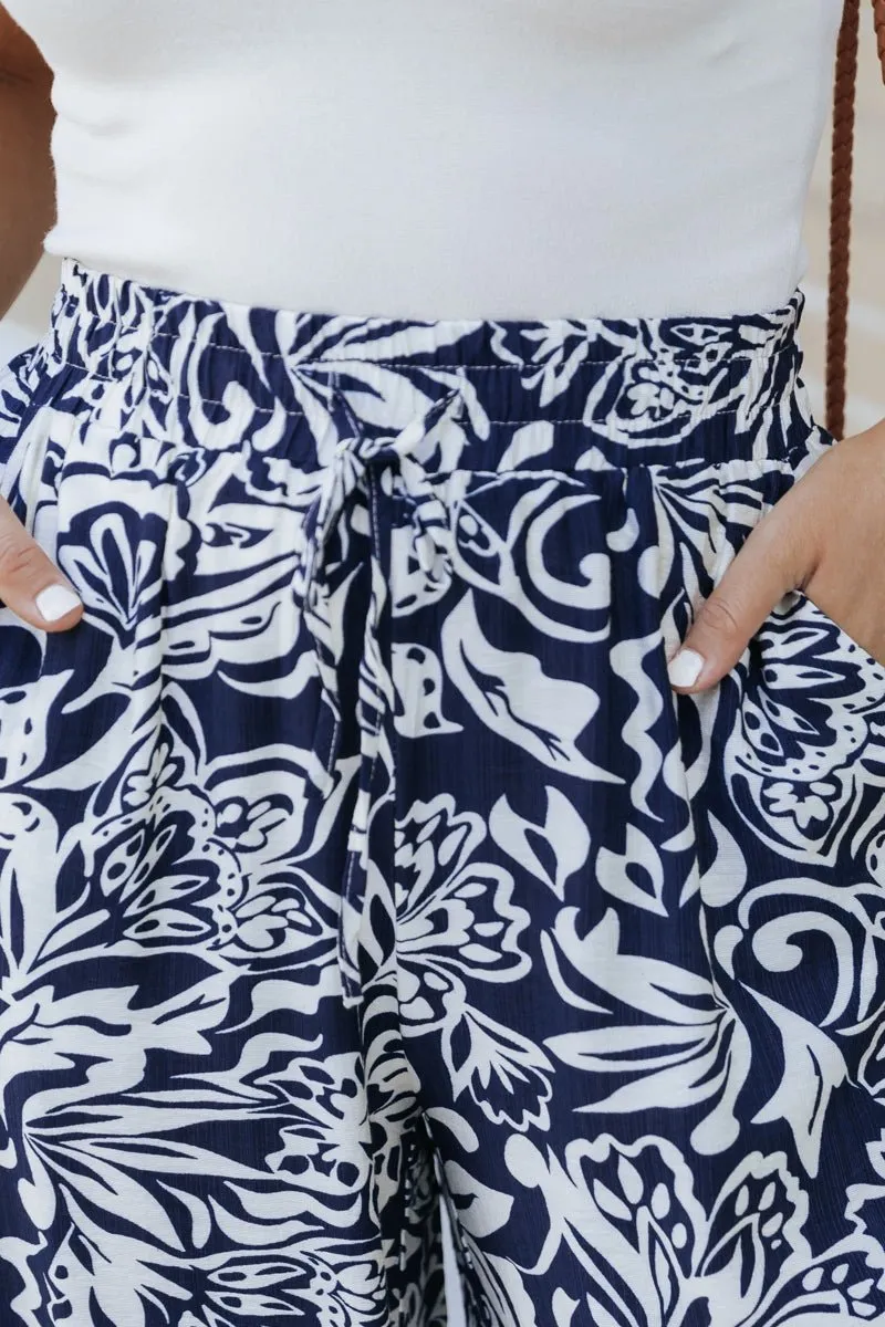 Navy Print Elastic Waist Wide Leg Pants - FINAL SALE