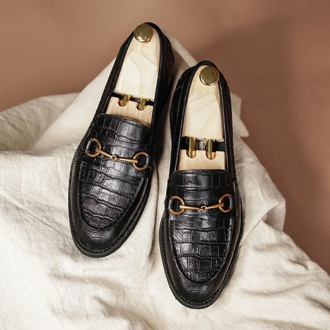 Penny Loafer Horsebit Buckle - Black Croco Leather (Crepe Sole)