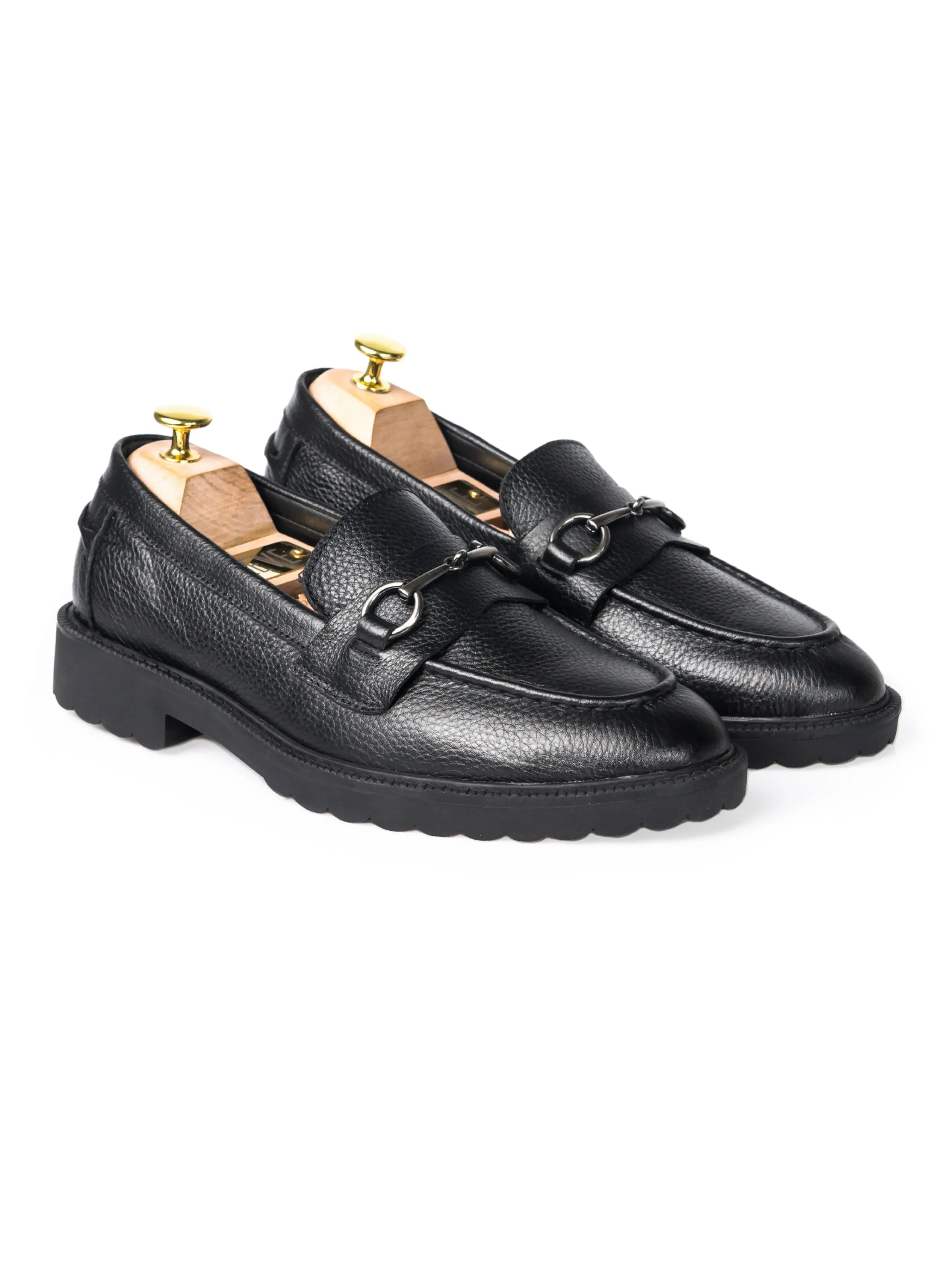 Penny Loafer Horsebit Buckle - Black Pebble Grain Leather (Combat Sole)