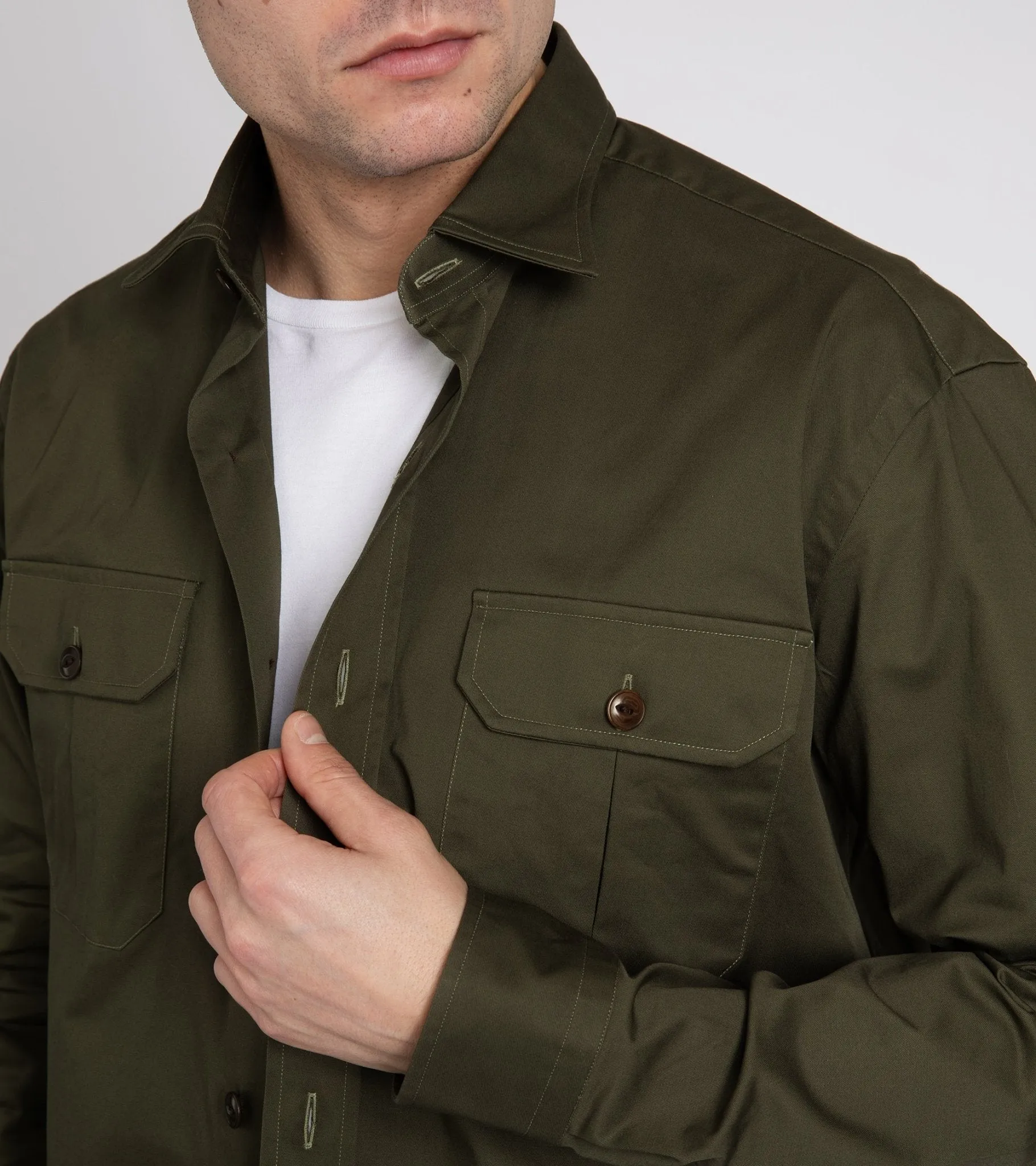 Salvatore Piccolo Cotton Gabardine Military Shirt: Olive