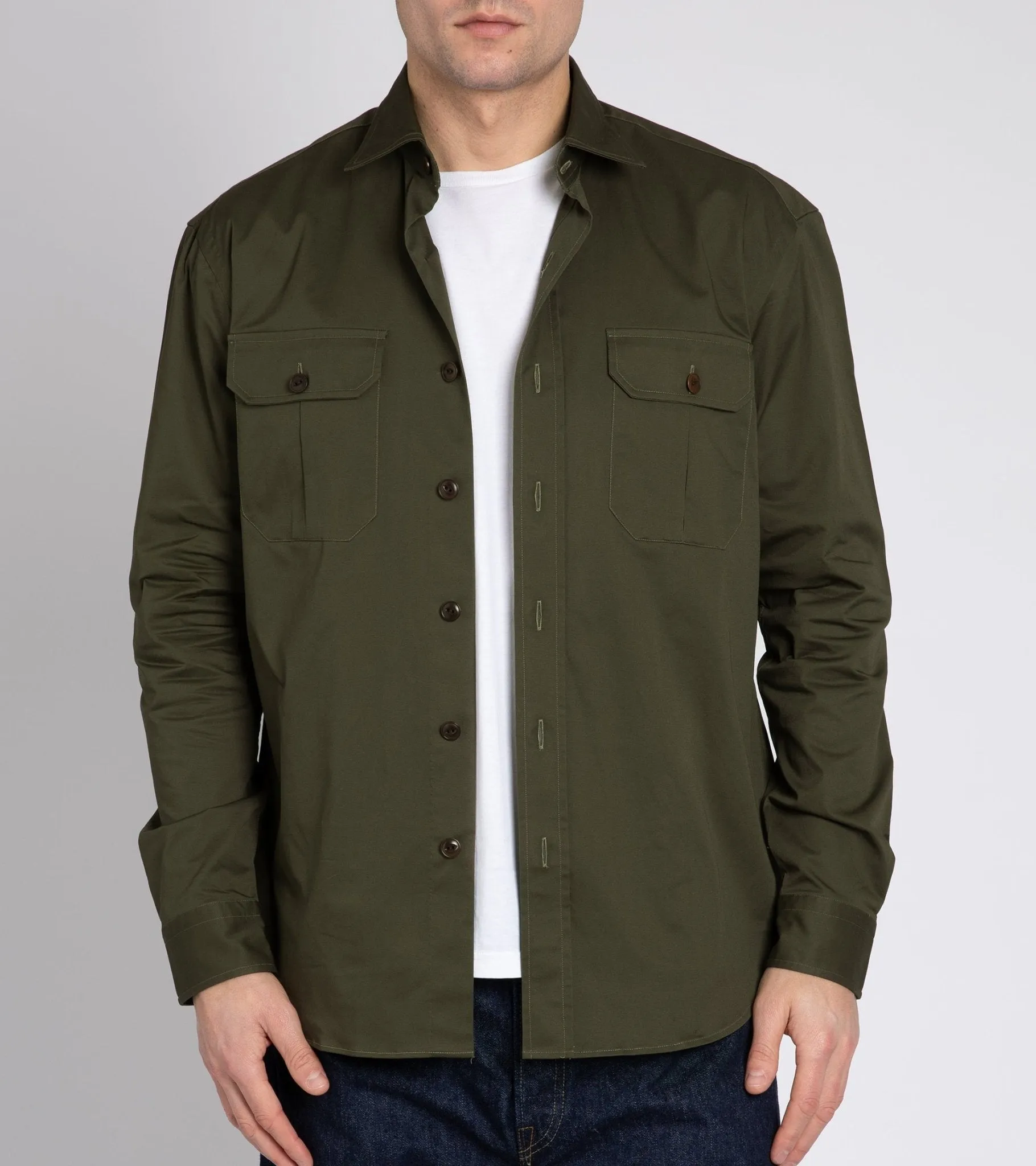 Salvatore Piccolo Cotton Gabardine Military Shirt: Olive