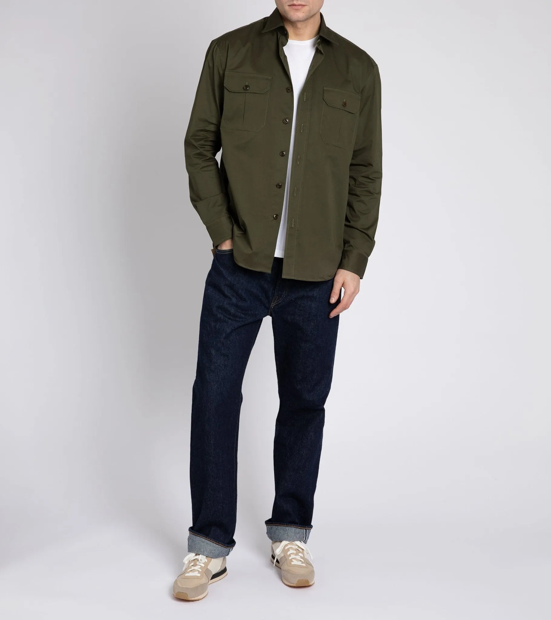 Salvatore Piccolo Cotton Gabardine Military Shirt: Olive