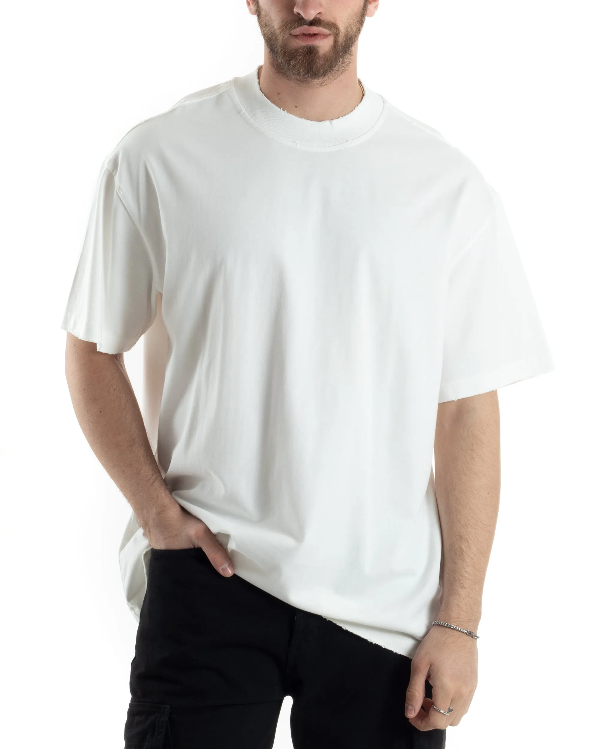 T-shirt Uomo Girocollo Boxy Fit Cotone Basic Con Rotture Relaxed Fit Gola Alta Bianco GIOSAL-TS3017A