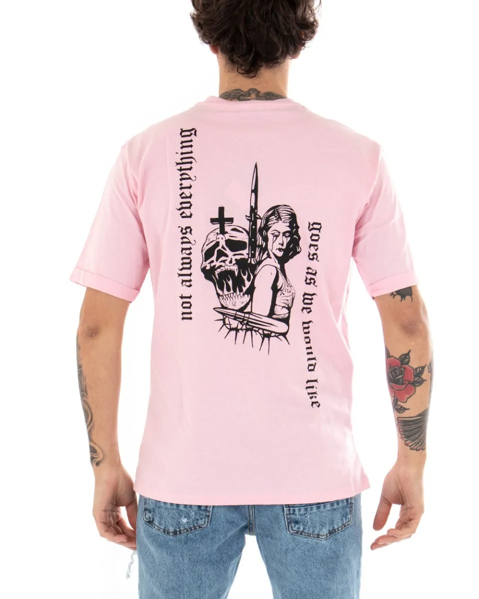 T-shirt Uomo Maglia Stampa Retro Rosa Girocollo Casual Oversize GIOSAL