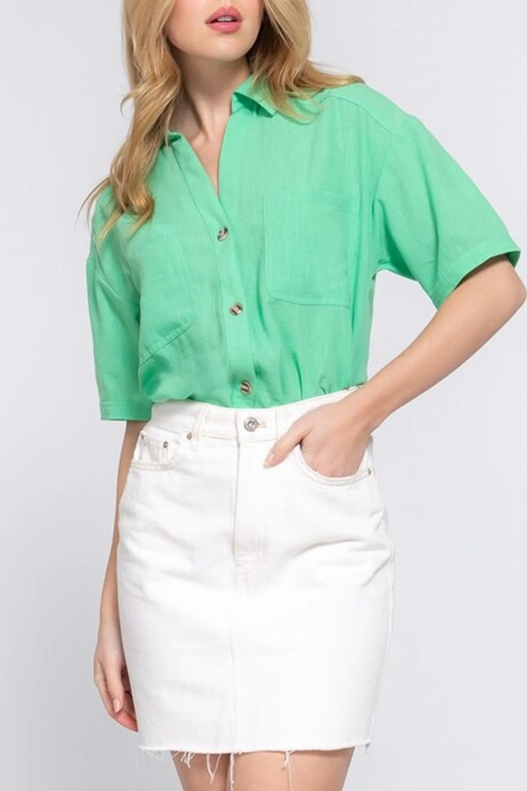 Women's Casual Short Sleeve Button Down Linen Effect Shirt