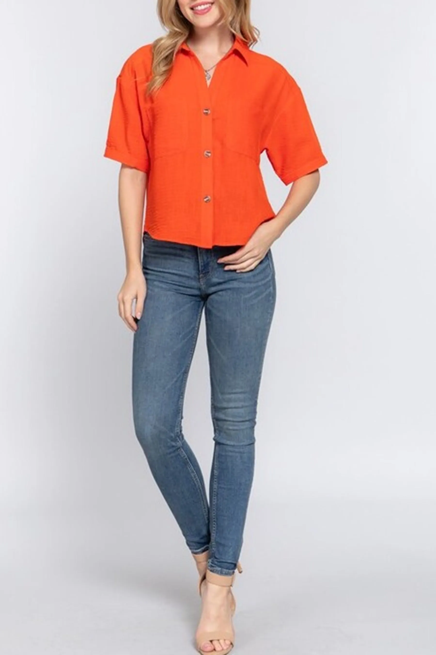 Women's Casual Short Sleeve Button Down Linen Effect Shirt