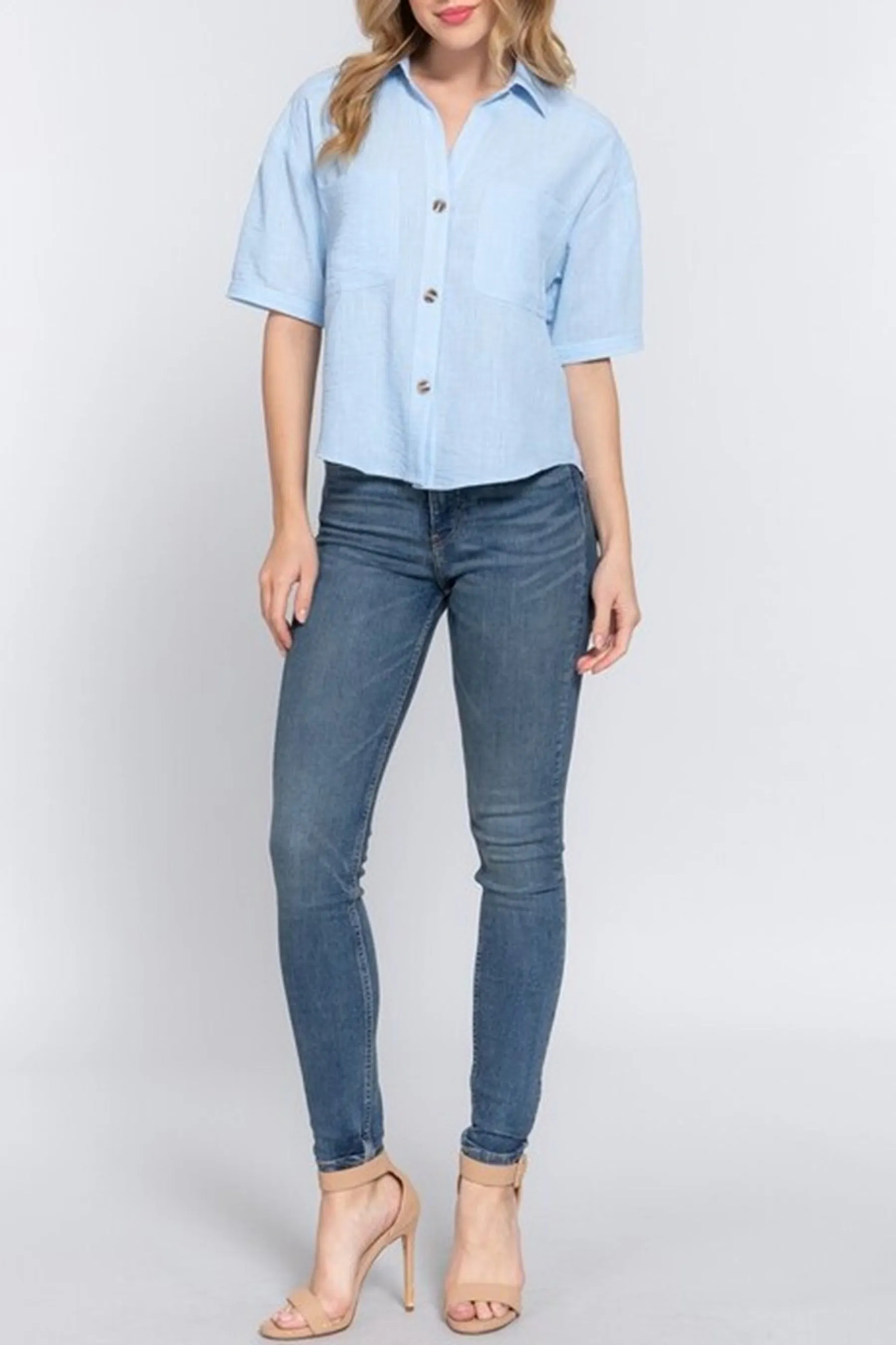 Women's Casual Short Sleeve Button Down Linen Effect Shirt