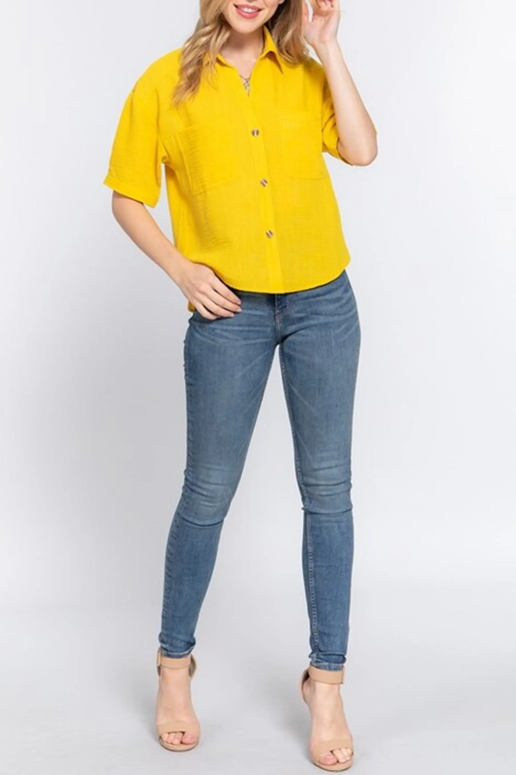 Women's Casual Short Sleeve Button Down Linen Effect Shirt