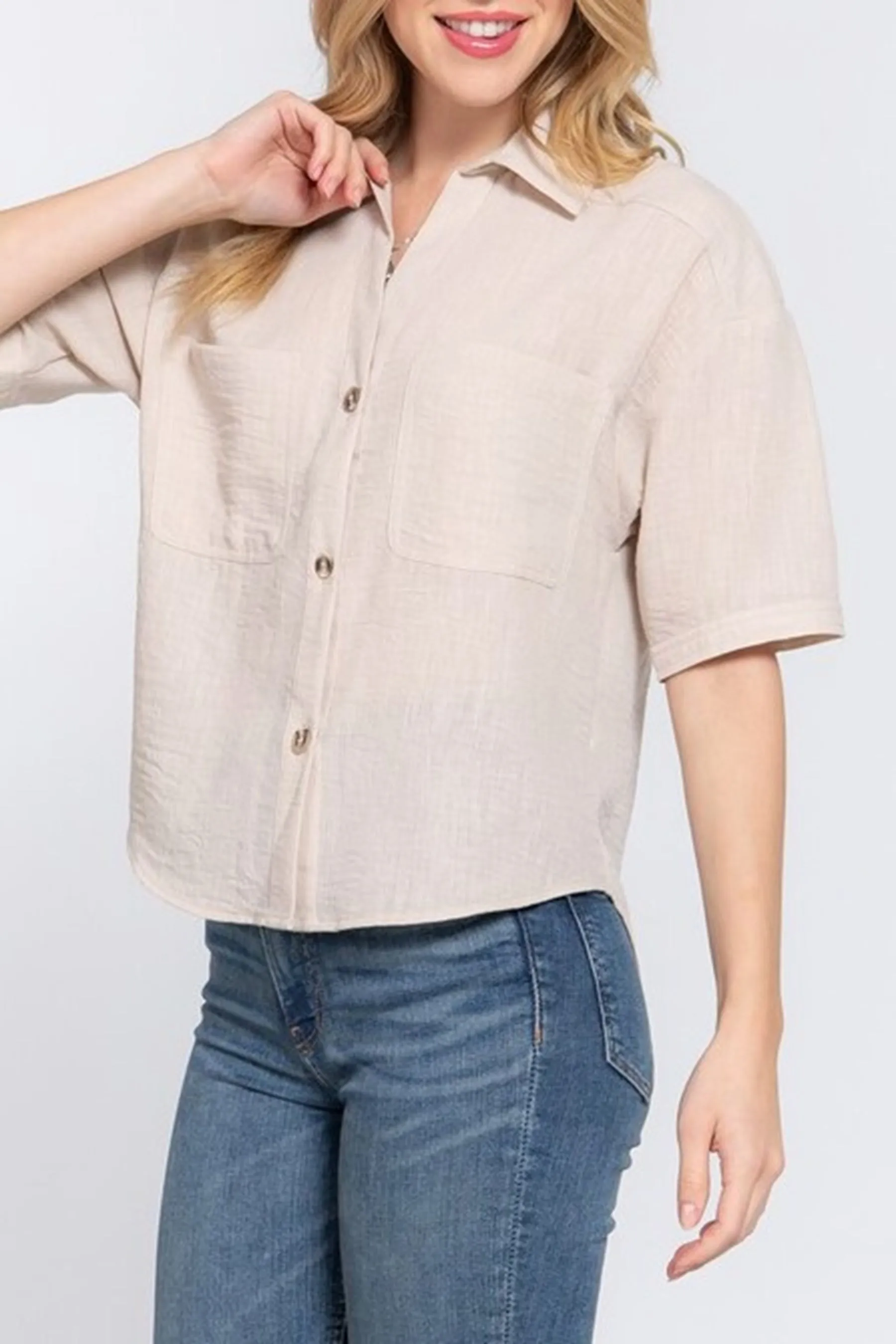 Women's Casual Short Sleeve Button Down Linen Effect Shirt