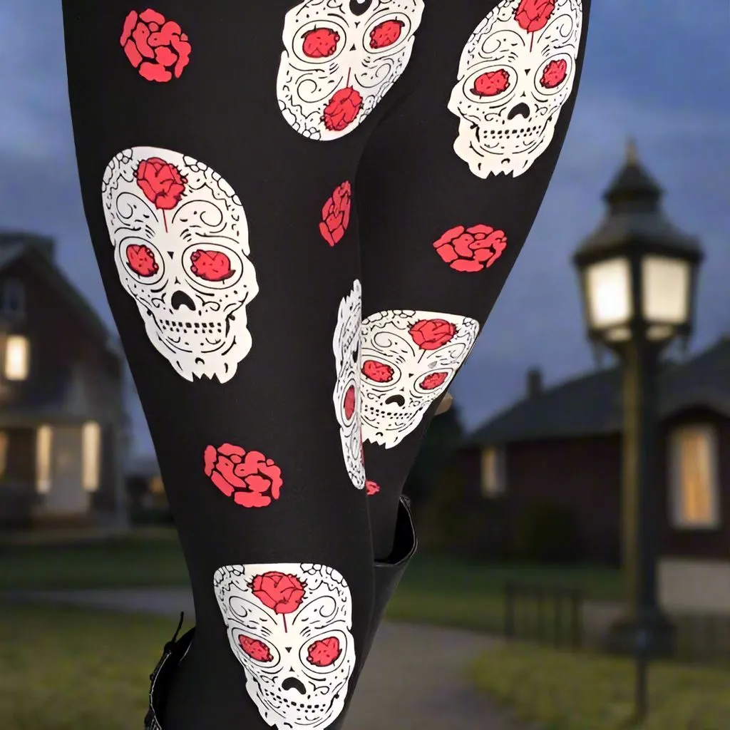 Womens Halloween Skull Rose Leggings, Kids Yoga Pants, Sizes 0-18, No-Roll Waist, Black/White