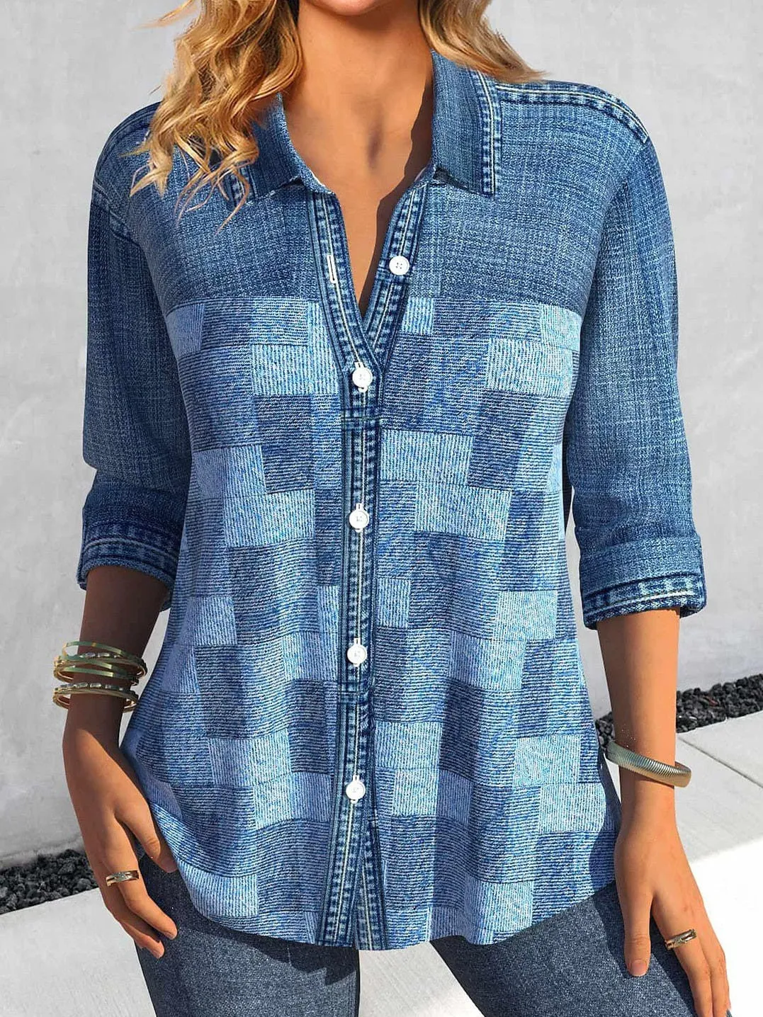 Women's Plaid Print Button-Up Shirt Blouse in Yellow, Blue, and Purple